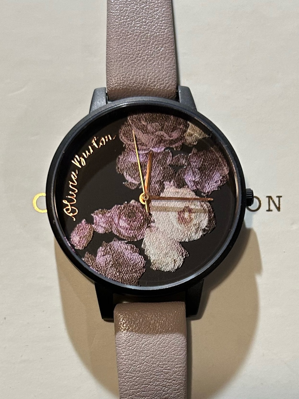 OLIVIA BURTON FINE ART WATCH WITH 38mm BLACK FLORAL FACE & LILAC LEATHER BAND.